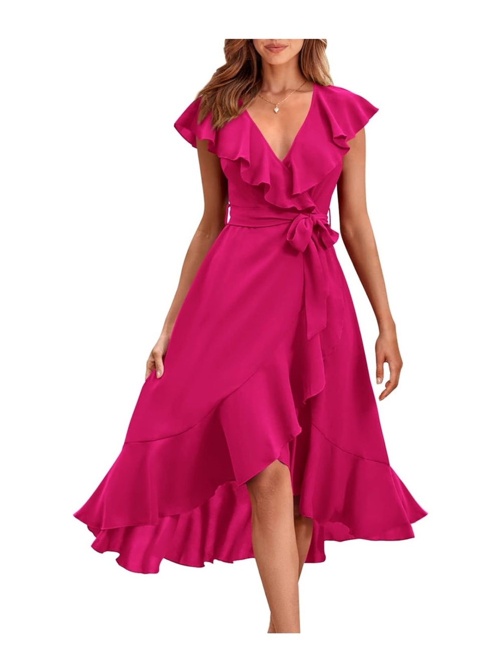 Ruffle Wrap Midi Dress with Self-Tie Waist in Fuchsia
